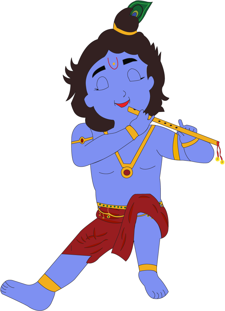 Krishna 桌布 壁紙 — 一個快樂的藍皮膚卡通神祇，深色頭髮，戴著孔雀羽毛冠，坐著吹奏黃色笛子。