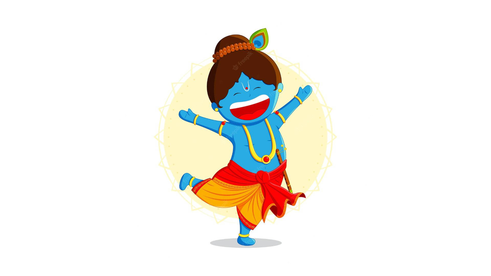 cute krishna 桌布 壁紙 — 一個快樂的藍皮膚卡通神祇，舉起雙臂，單腳抬起，在發光的圓形背景前跳舞。