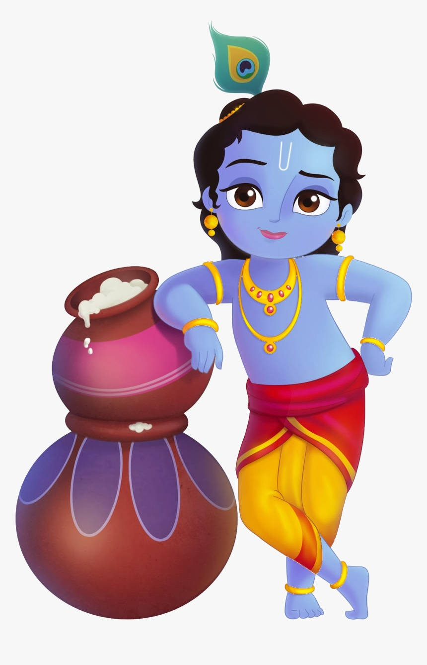 krishna iPhone 桌布 壁紙 — 一個快樂的藍皮膚小孩神，戴著孔雀羽毛皇冠，頑皮地靠著一個裝滿牛奶的大彩色罐子。