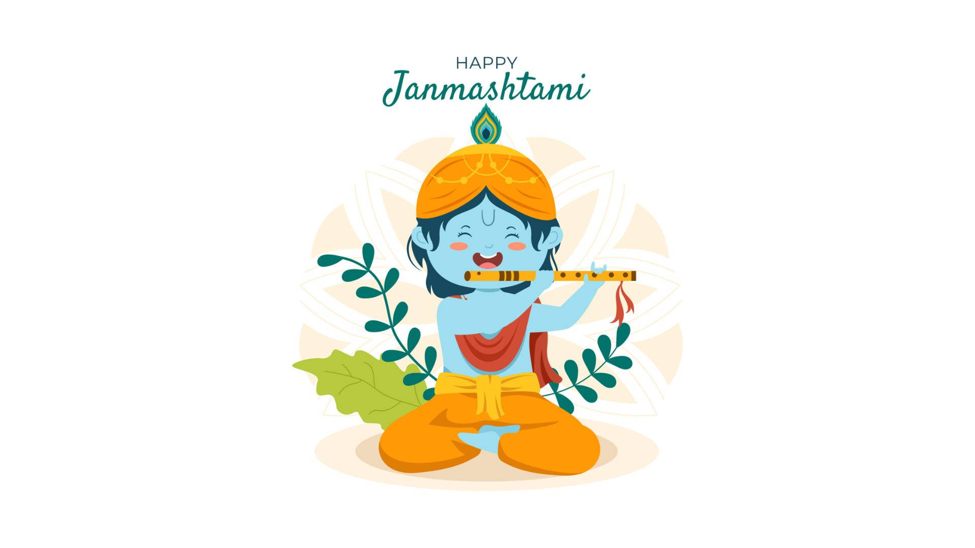 cute krishna 桌布 壁紙 — 一個快樂的藍皮膚小孩穿著橙色衣服，在柔和的花卉背景中被綠葉環繞吹奏長笛。