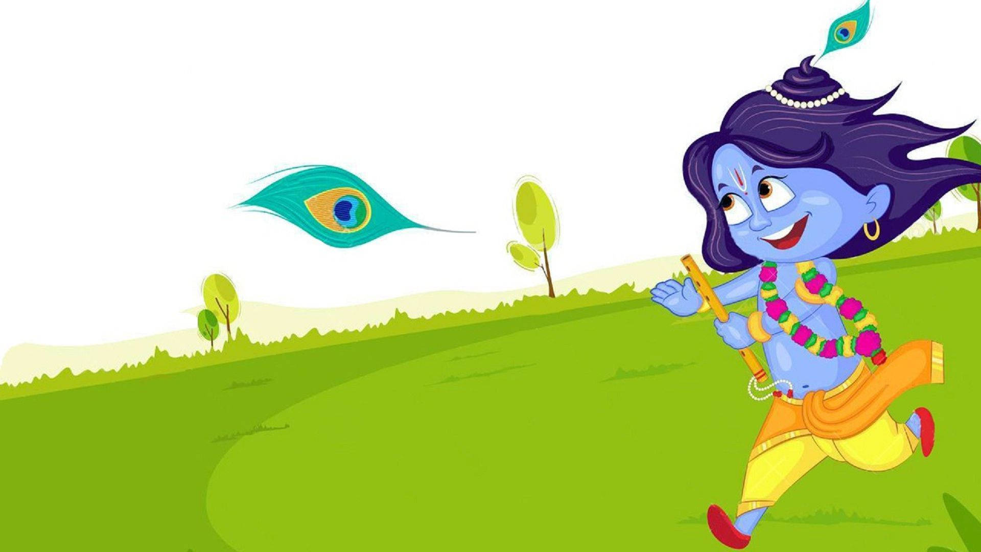 cute krishna 桌布 壁紙 — 一個快樂的藍皮膚男孩帶著孔雀羽毛跑過明亮的綠色田野，手持長笛，同時一根孔雀羽毛在他旁邊飛翔。