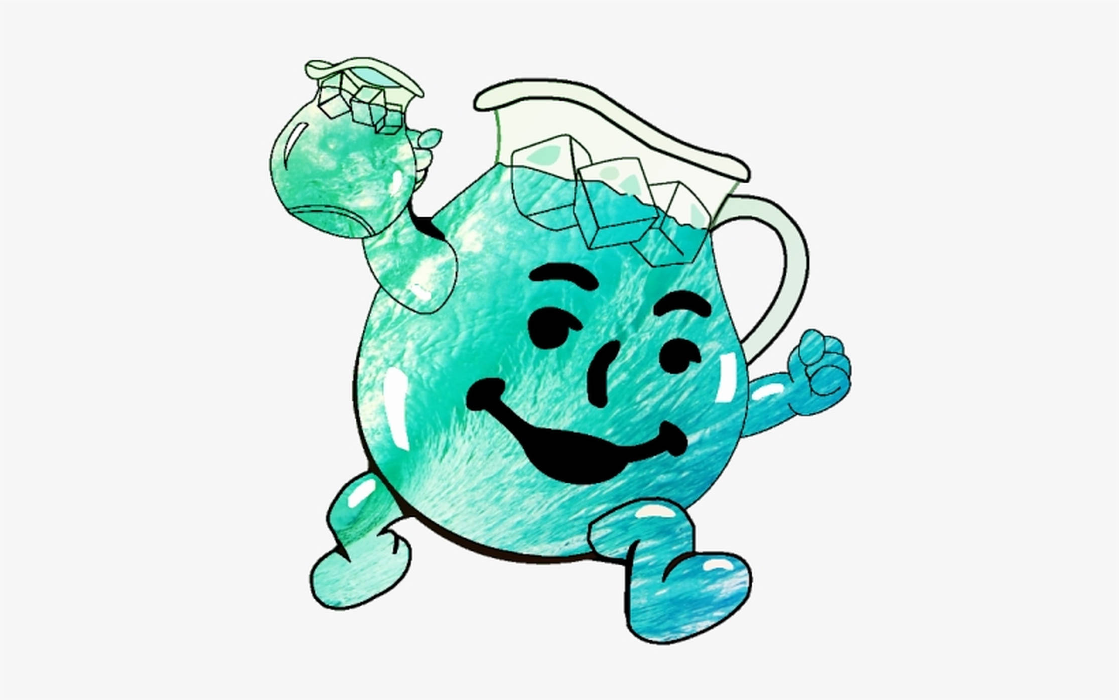 Kool Aid 小幫手 桌布 壁紙 — 一個快樂的藍綠色水壺角色，帶有冰塊和手腳，在純色背景上快樂地奔跑。