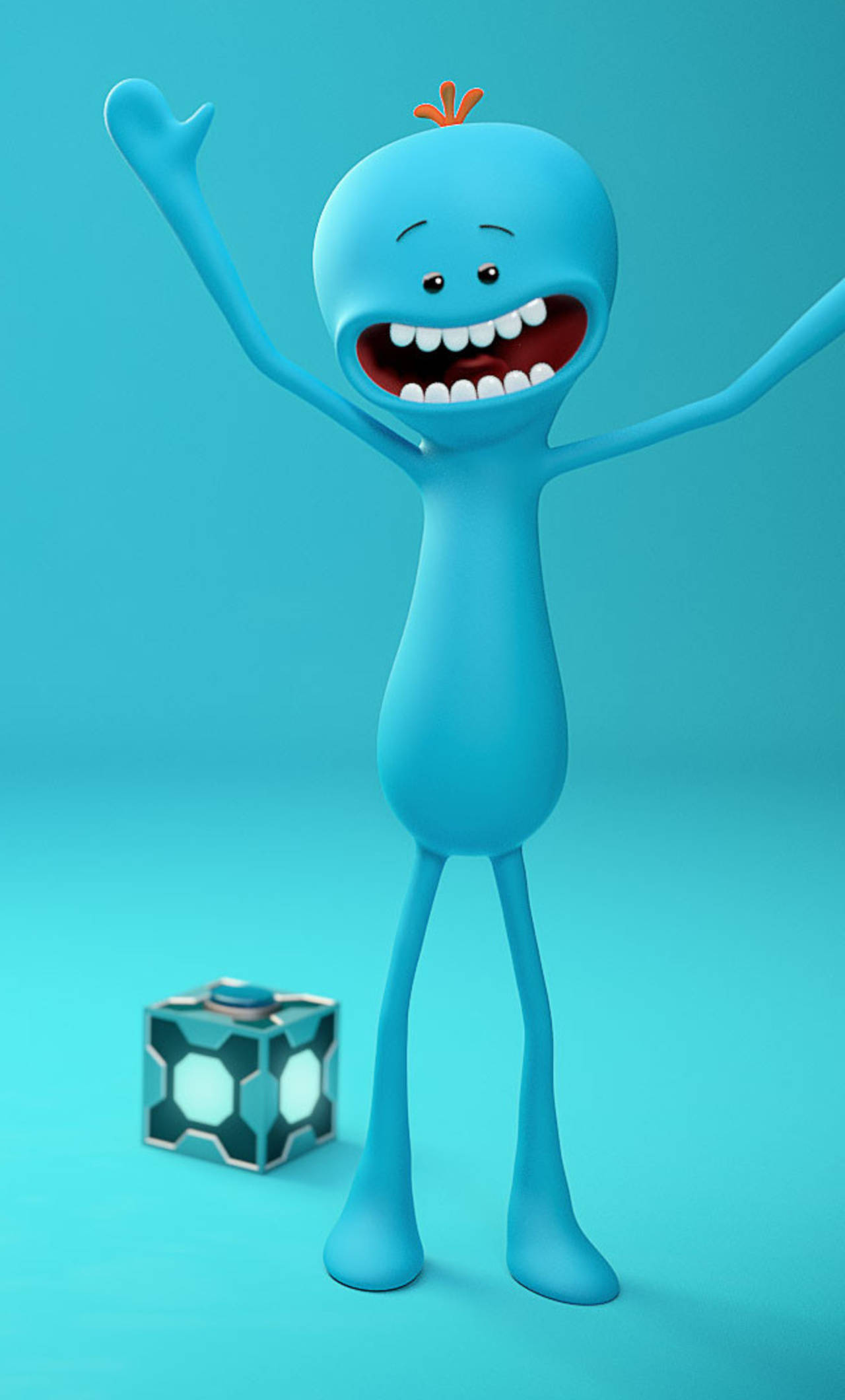 Meeseeks 桌布 壁紙 — 一個快樂的藍色卡通角色，舉起雙臂，咧嘴大笑，站在一個發光的立方體旁邊，背景是純青色。