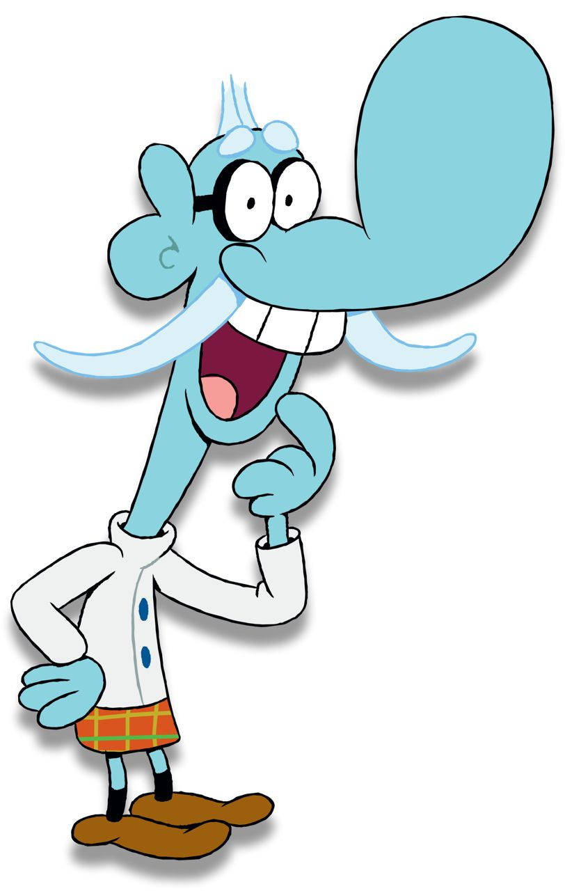 Chowder Cartoon 桌布 壁紙 — 一個快樂的藍色卡通角色，長鼻子戴眼鏡，穿著實驗室外套和格子短褲，露出燦爛的笑容。