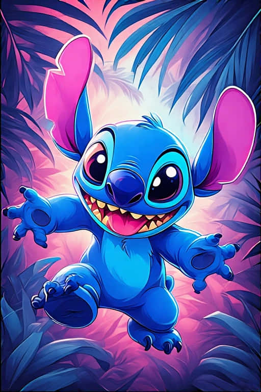 Stitch’s Tropical 3D Pop 壁紙 — 一個快樂的藍色外星人，有大耳朵和寬闊的笑容，在發光的紫色和藍色熱帶葉子中歡快地跳躍。