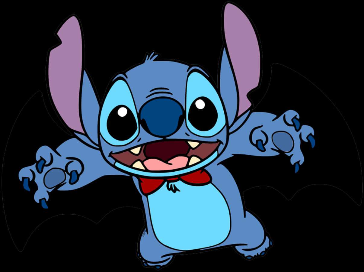 Stitch Halloween 桌布 壁紙 — 一個快樂的藍色外星人，有大耳朵和紅色蝴蝶結，在黑色背景上燦爛地微笑。