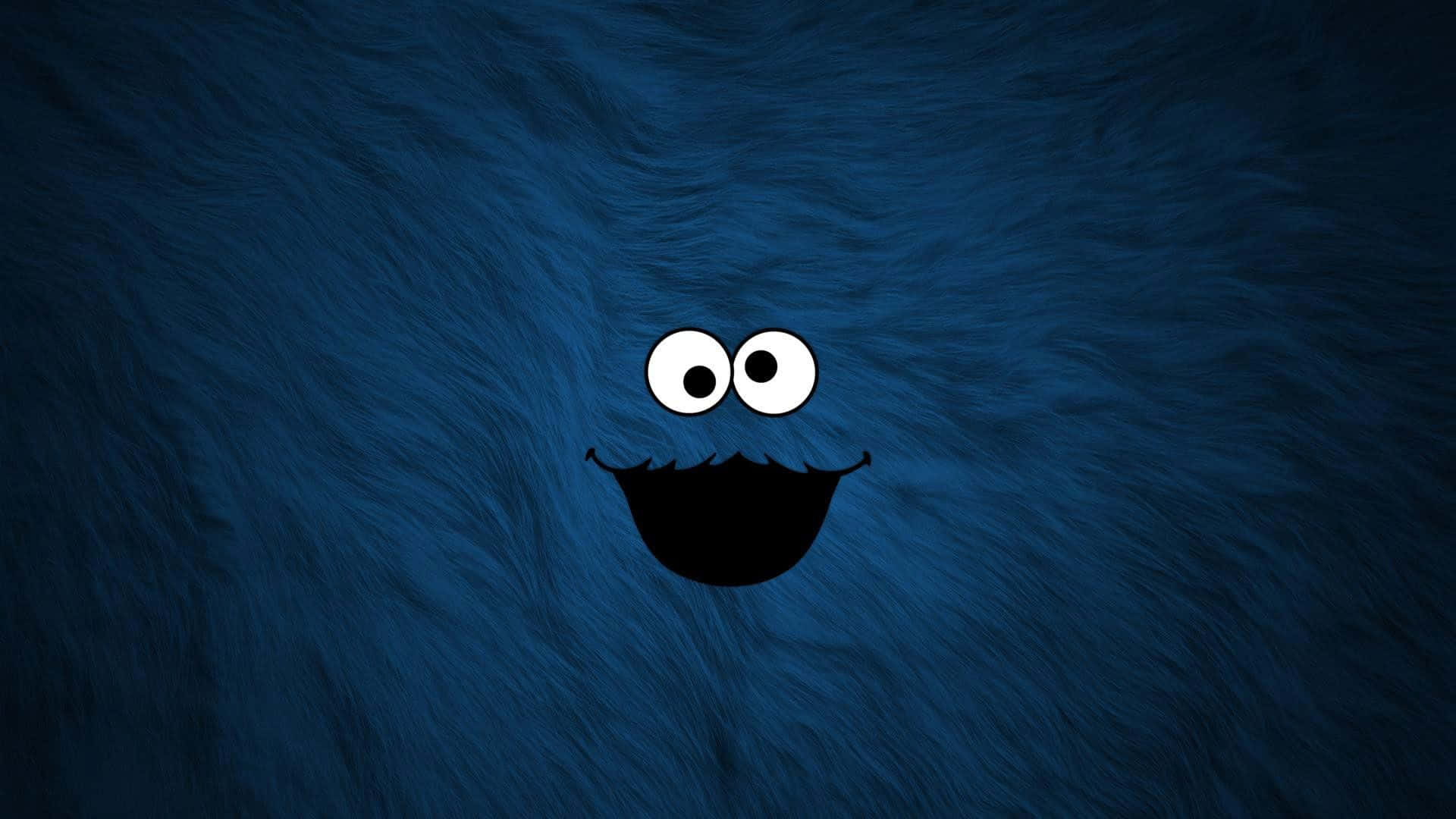 Sesame Street 桌布 壁紙 — 一個快樂的藍色毛茸茸怪物，有著大大的白色眼睛和寬闊的黑色笑容，背景是帶紋理的深藍色。