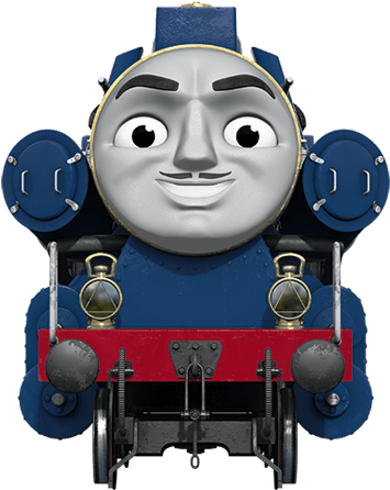 Thomas And Friends 桌布 壁紙 — 一個快樂的藍色蒸汽火車頭，帶有微笑的臉和金色邊框的眼睛，正面朝向純色背景。