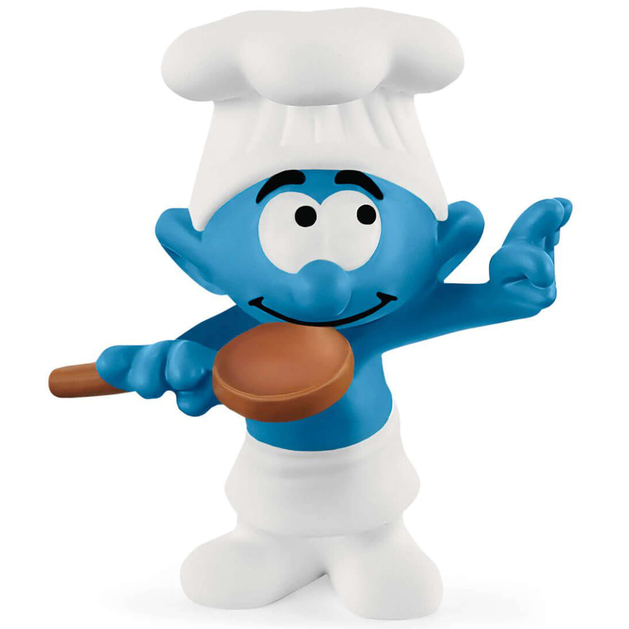 Smurf 桌布 壁紙 — 一個快樂的藍色藍精靈廚師，戴著白色廚師帽和圍裙，拿著木勺，在純白色背景前自豪地做手勢。