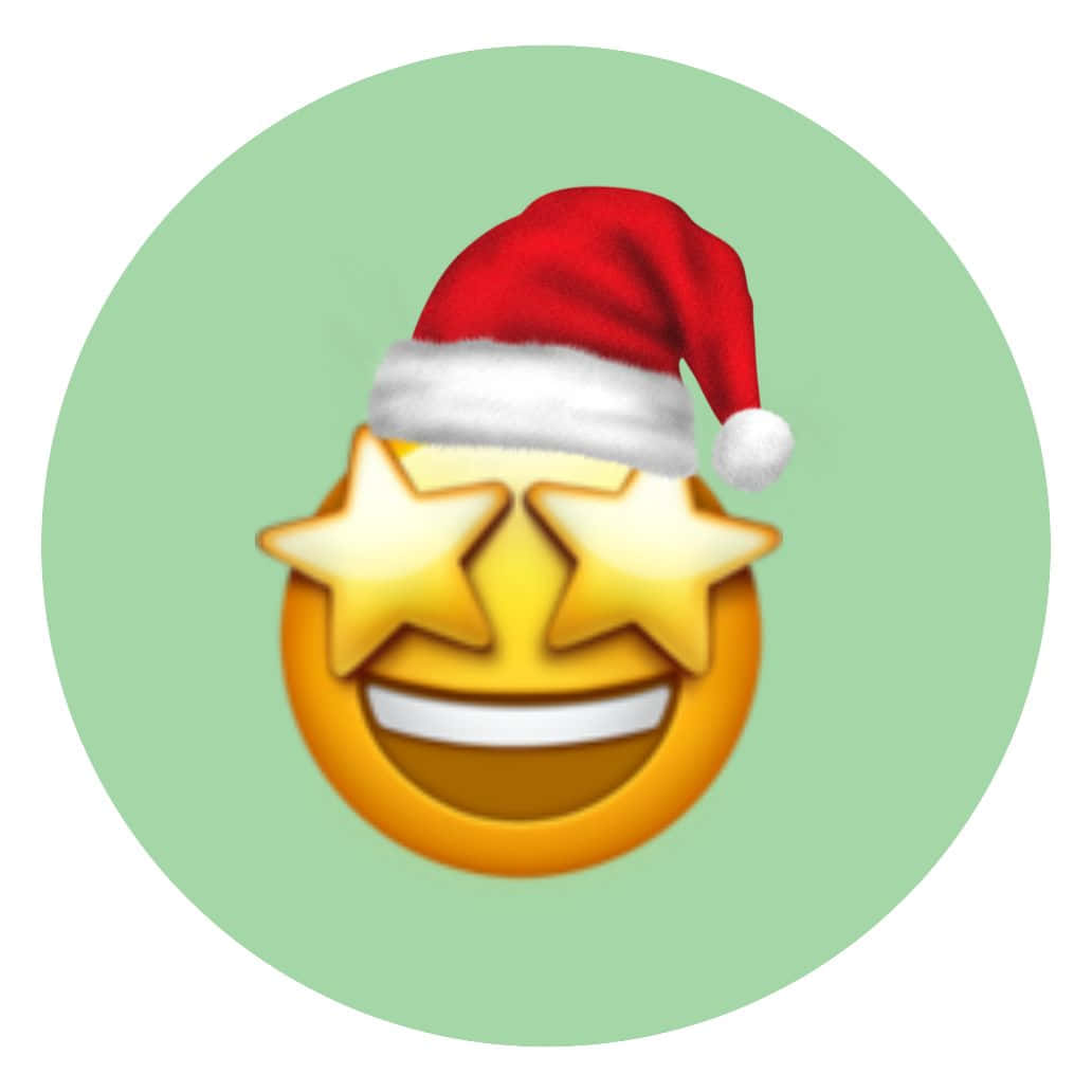 Discord 桌布 壁紙 — 一個快樂的表情符號，有星星眼睛和聖誕帽，在柔和的綠色圓形背景上燦爛地微笑。