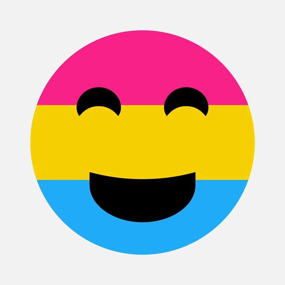 Pansexual 桌布 壁紙 — 一個快樂的表情符號臉，帶有粉紅色、黃色和藍色橫條紋，眨眼並燦爛地微笑。