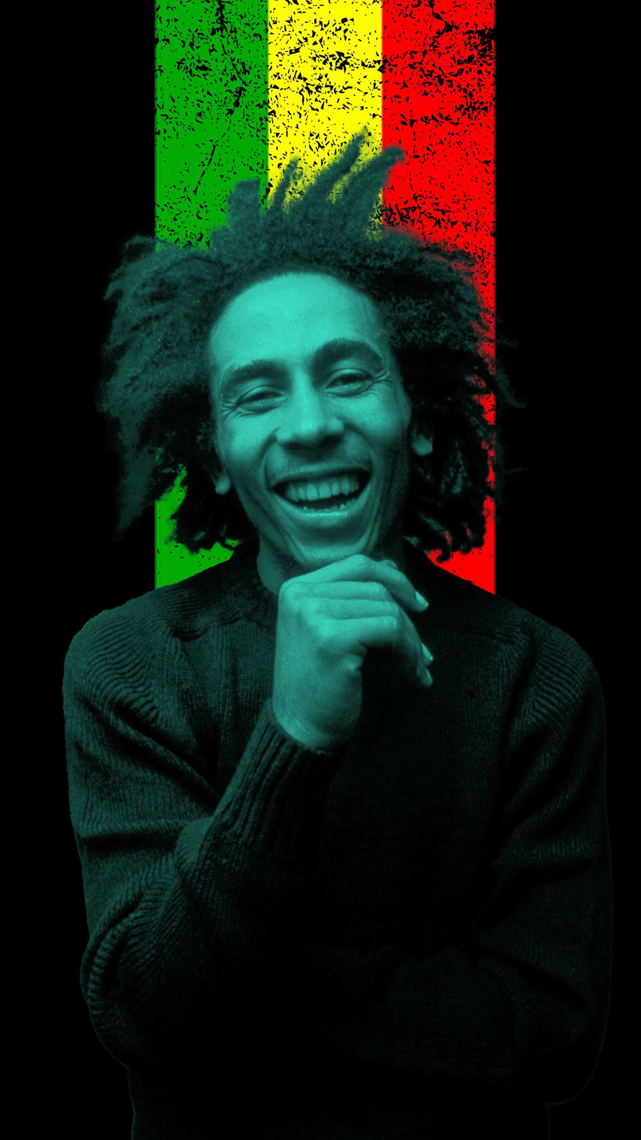 Bob Marley 桌布 壁紙 — 一個快樂的辮子男人在充滿活力的綠色、黃色和紅色條紋背景前燦爛微笑。