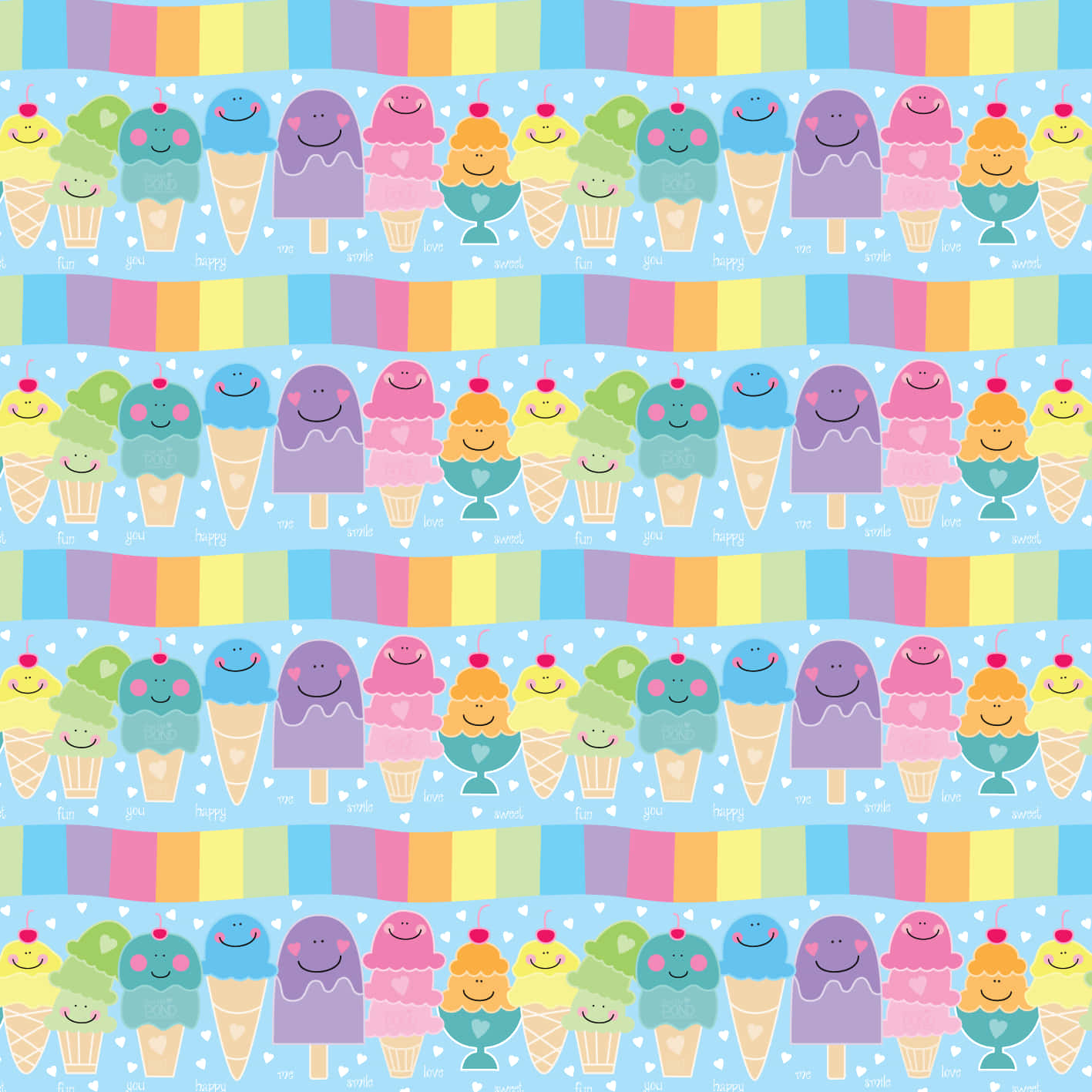 Colorful Aesthetic 桌布 壁紙 — 一個快樂的重複圖案，包含微笑的卡通甜筒和冰棒，以粉彩彩虹條紋呈現，並帶有心形點綴。