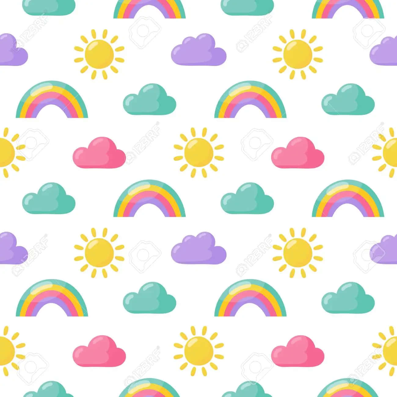 Cute Rainbow Pastel 桌布 壁紙 — 一個快樂的重複圖案，包含色彩繽紛的彩虹、陽光燦爛的黃色太陽和粉彩雲朵，背景為白色。
