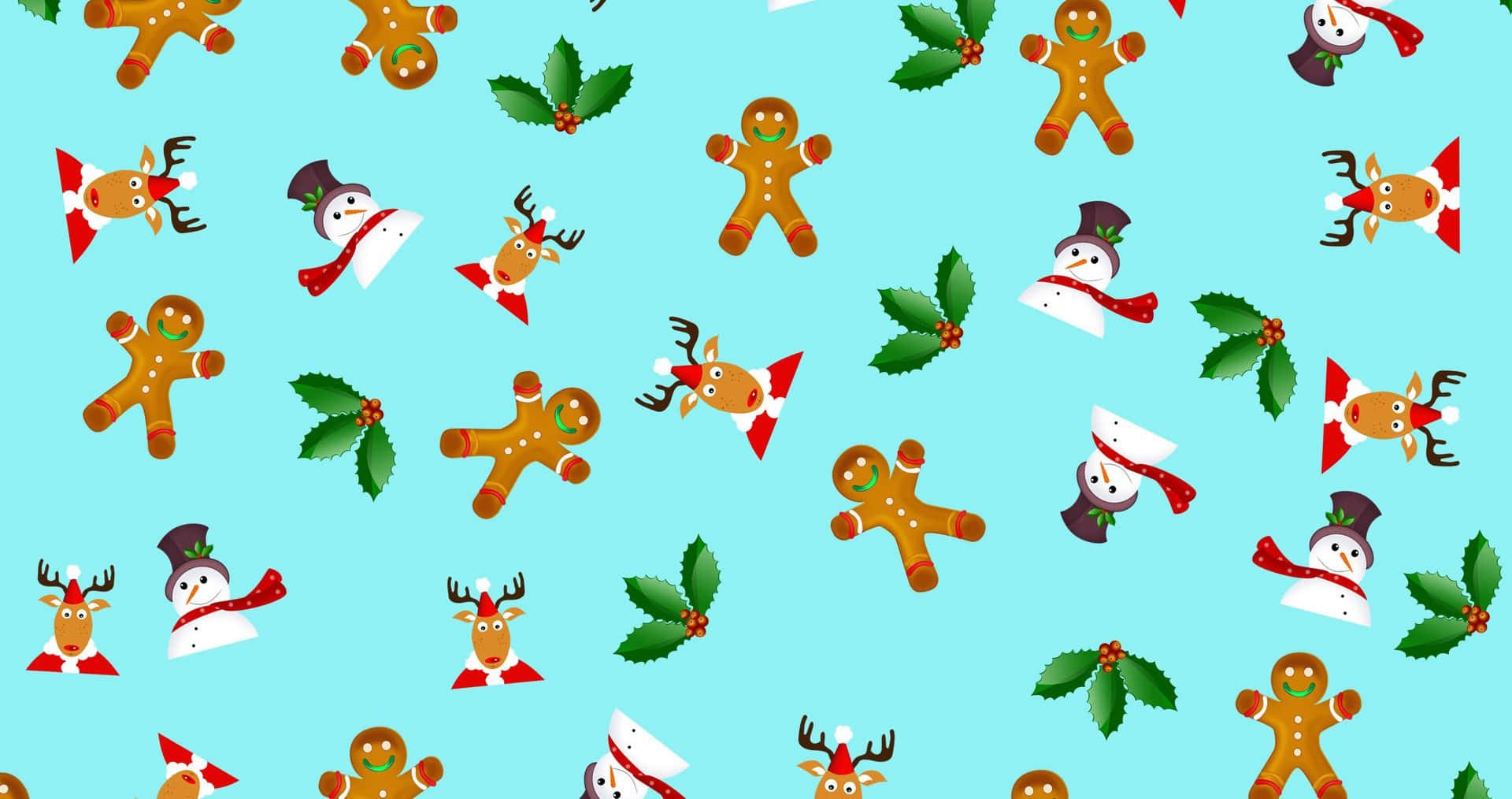 Christmas Pattern 桌布 壁紙 — 一個快樂的重複圖案，包含薑餅人、馴鹿和雪人，配上冬青，背景為淺藍色。