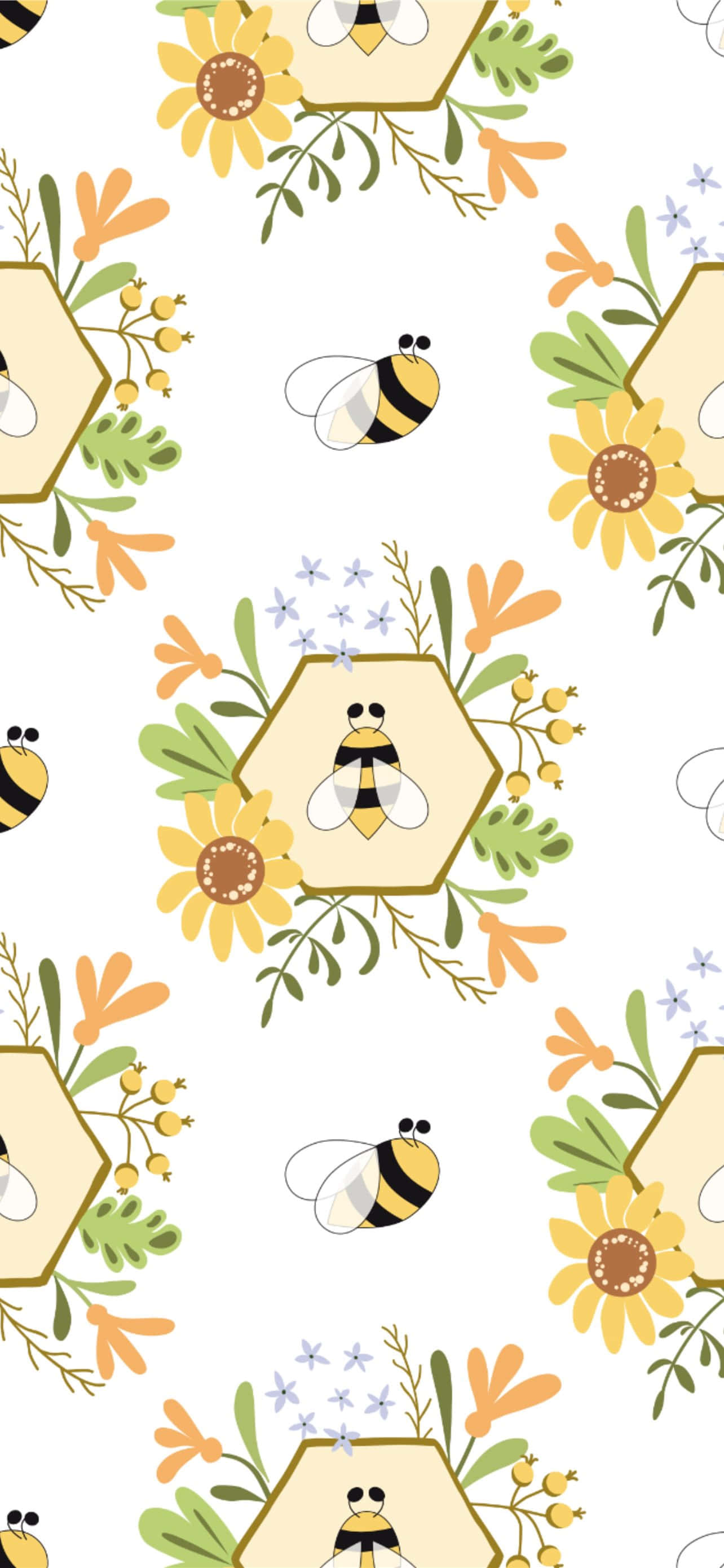Bee 桌布 壁紙 — 一個快樂的重複圖案，卡通蜜蜂和花朵鑲嵌在六邊形框架中，背景為白色。
