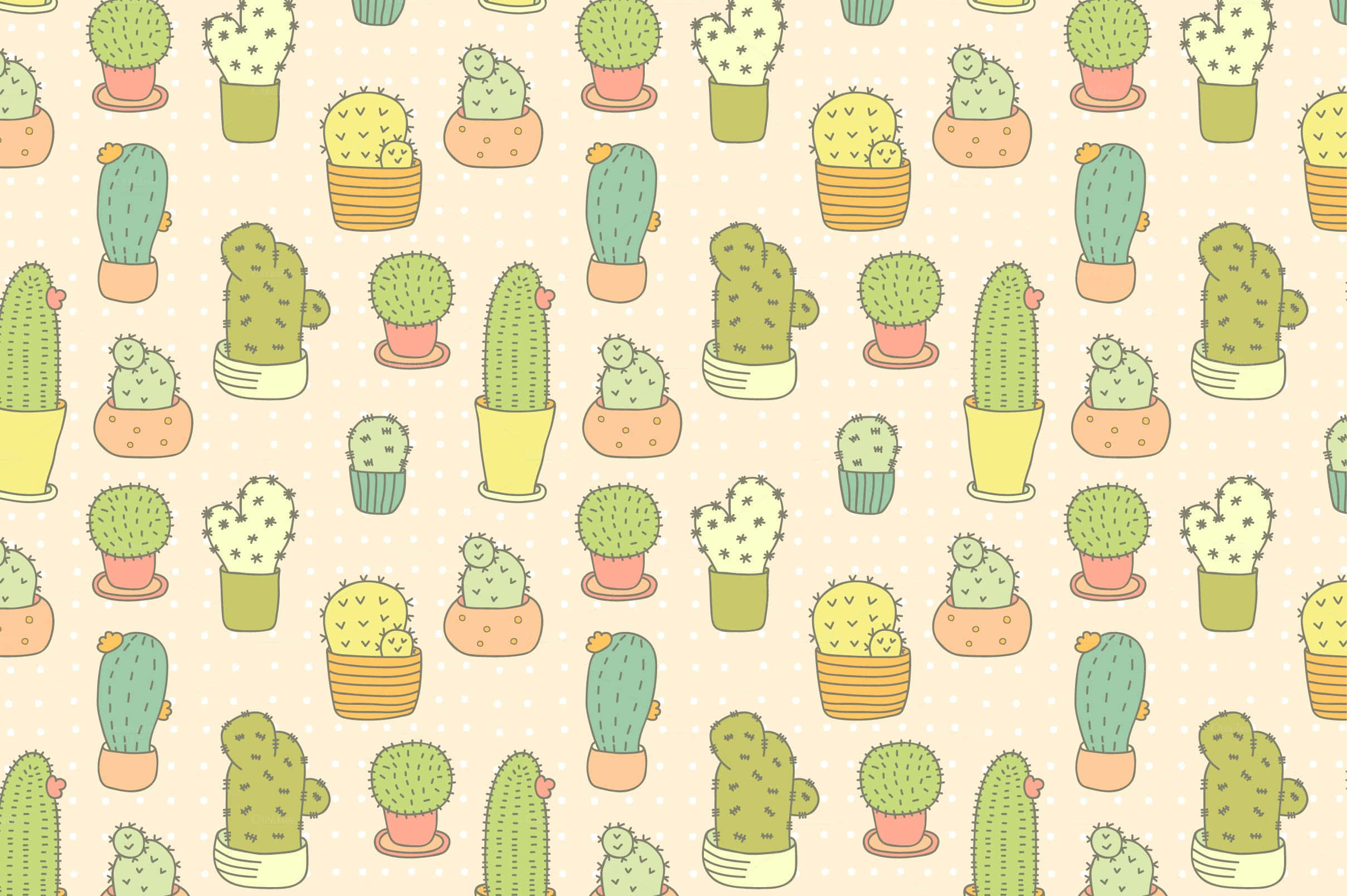 Cute Cactus 桌布 壁紙 — 一個快樂的重複圖案，在帶有圓點的米色背景上，有卡通仙人掌放在柔和色調的花盆中。