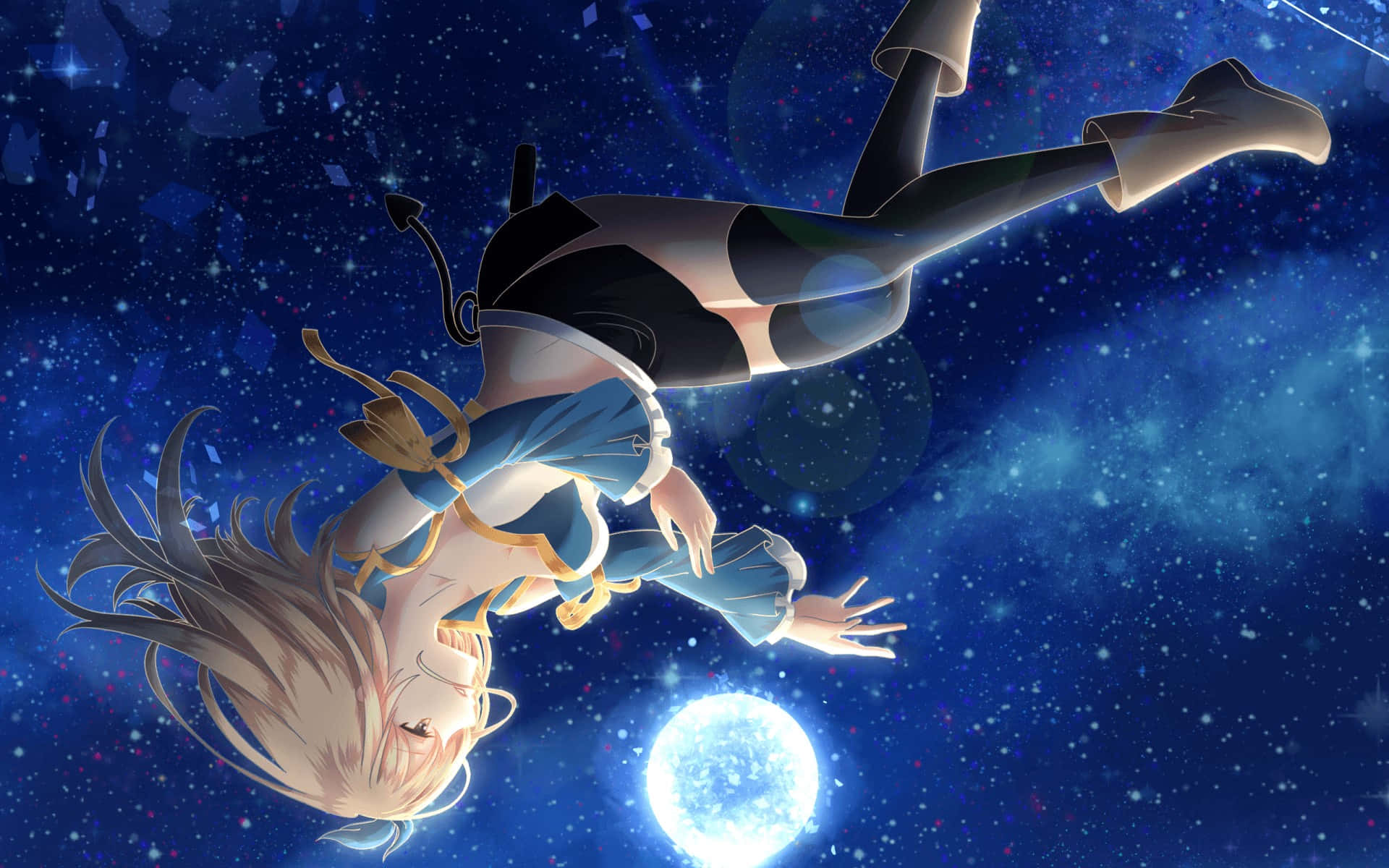 lucy heartfilia 桌布 壁紙 — 一個快樂的金髮動漫女孩在繁星點點的夜空中無重力漂浮，下方有一輪發光的月亮。