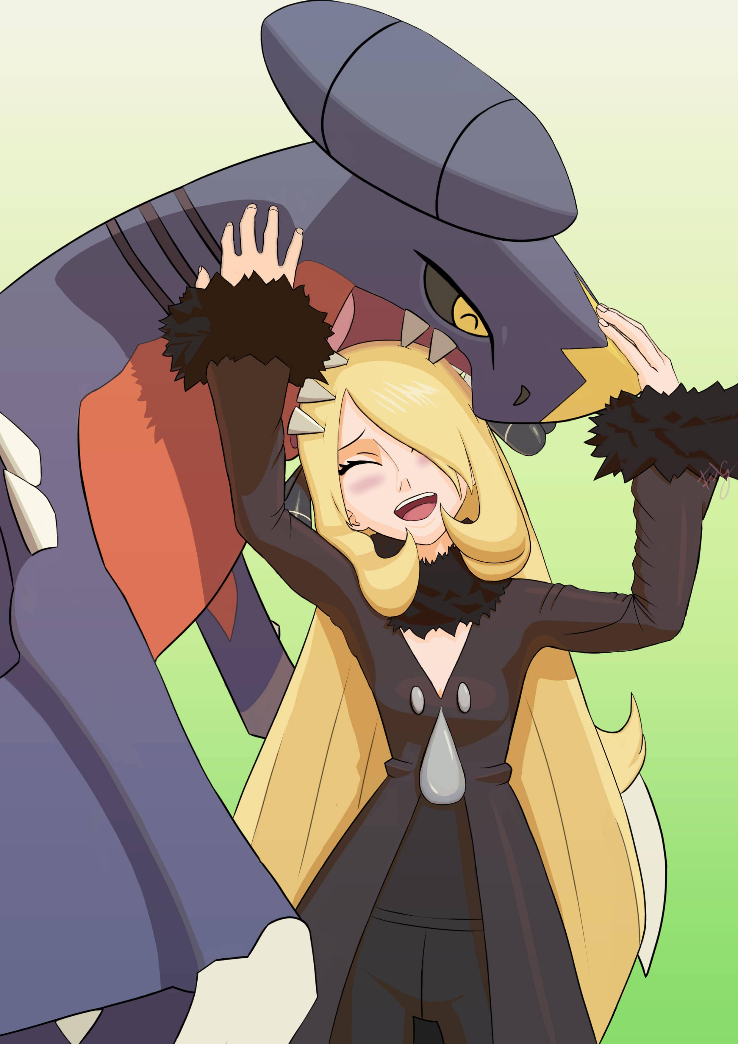 Garchomp 桌布 壁紙 — 一個快樂的金髮動漫女孩穿著黑色外套，頑皮地擁抱一隻擁有黃色眼睛和角的大型深紫色寶可夢。