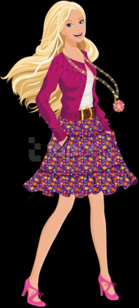JoJo Siwa 桌布 壁紙 — 一個快樂的金髮娃娃穿著花卉裙和洋紅色開襟衫，雙手插袋，在黑色背景前擺姿勢。