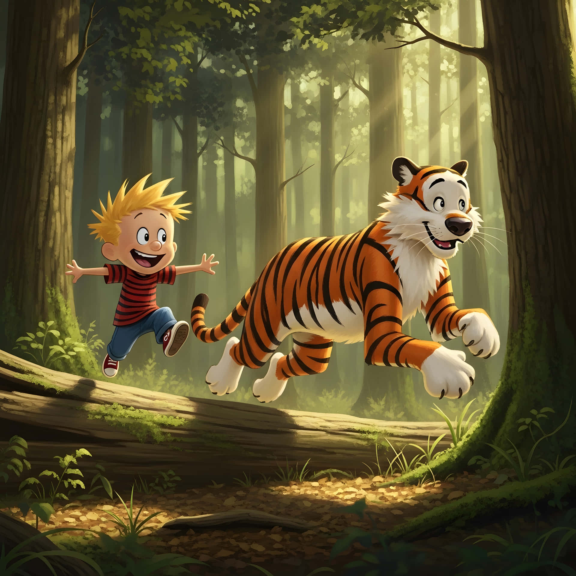 Boy Tiger Adventure illustration featuring a young child playing with a friendly wild feline 壁紙 — 一個快樂的金髮男孩和一隻微笑的卡通老虎一起在陽光明媚的森林裡跳過長滿青苔的木頭。