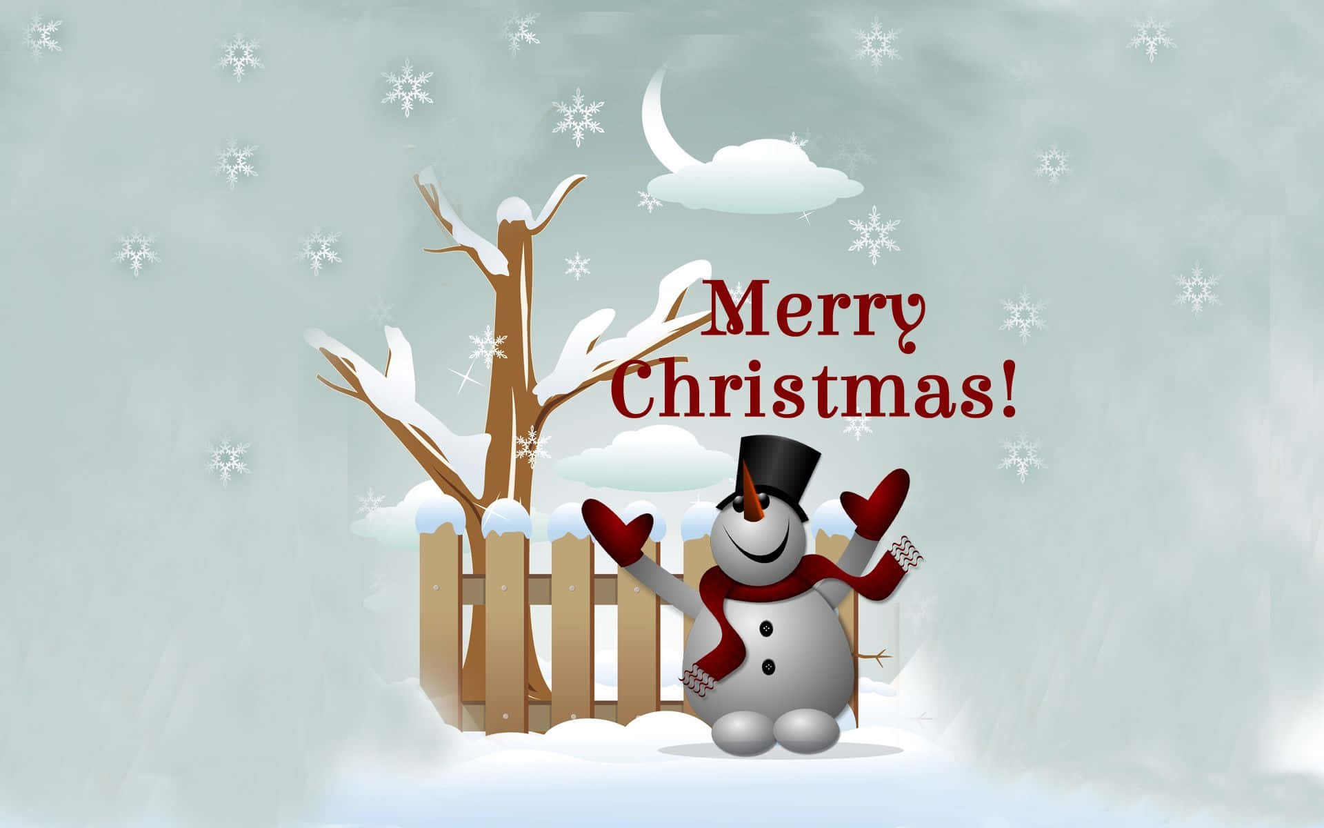 Christmas Snowman 桌布 壁紙 — 一個快樂的雪人，戴著紅色手套和圍巾，在積雪的籬笆旁，在飄雪和彎月下揮手。