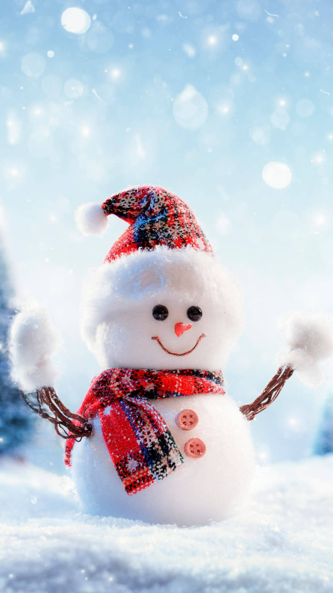 冬季 iPhone 壁紙 桌布 壁紙 — 一個快樂的雪人，戴著紅色格紋帽子和圍巾，站在雪景中，背景是明亮的藍天和飄落的雪花。