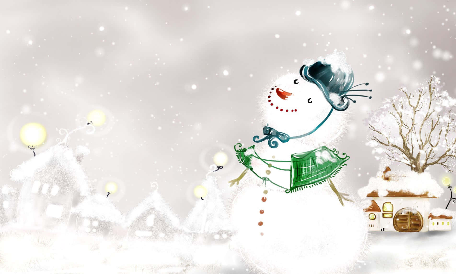 雪人戴著綠色圍巾和藍色帽子，在雪村中閃爍燈光下。 — 雪人 壁紙
