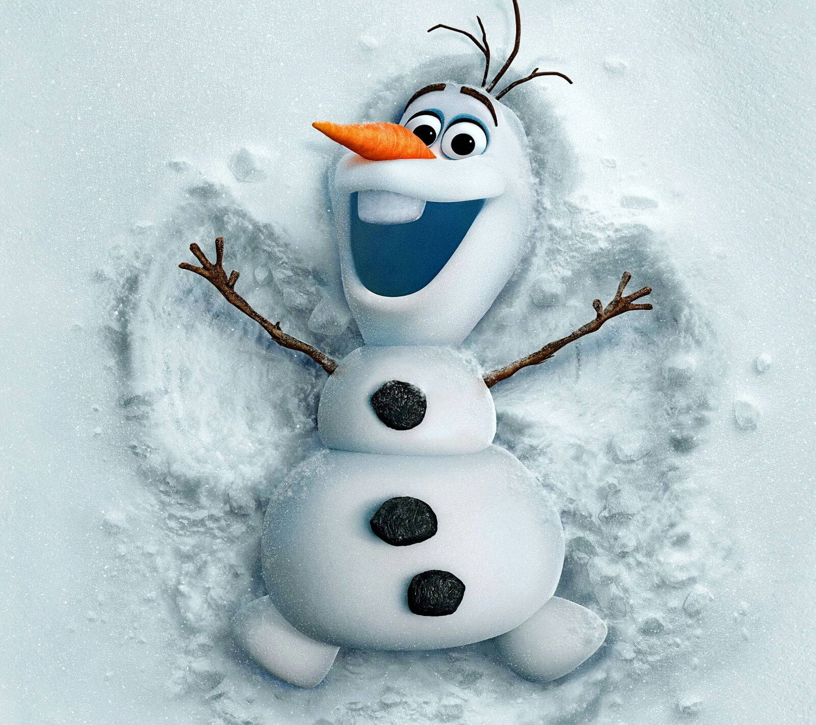 Cool Cute 桌布 壁紙 — 一個快樂的雪人，有樹枝手臂和胡蘿蔔鼻子，高興地埋在新鮮的雪中，露出燦爛的笑容。