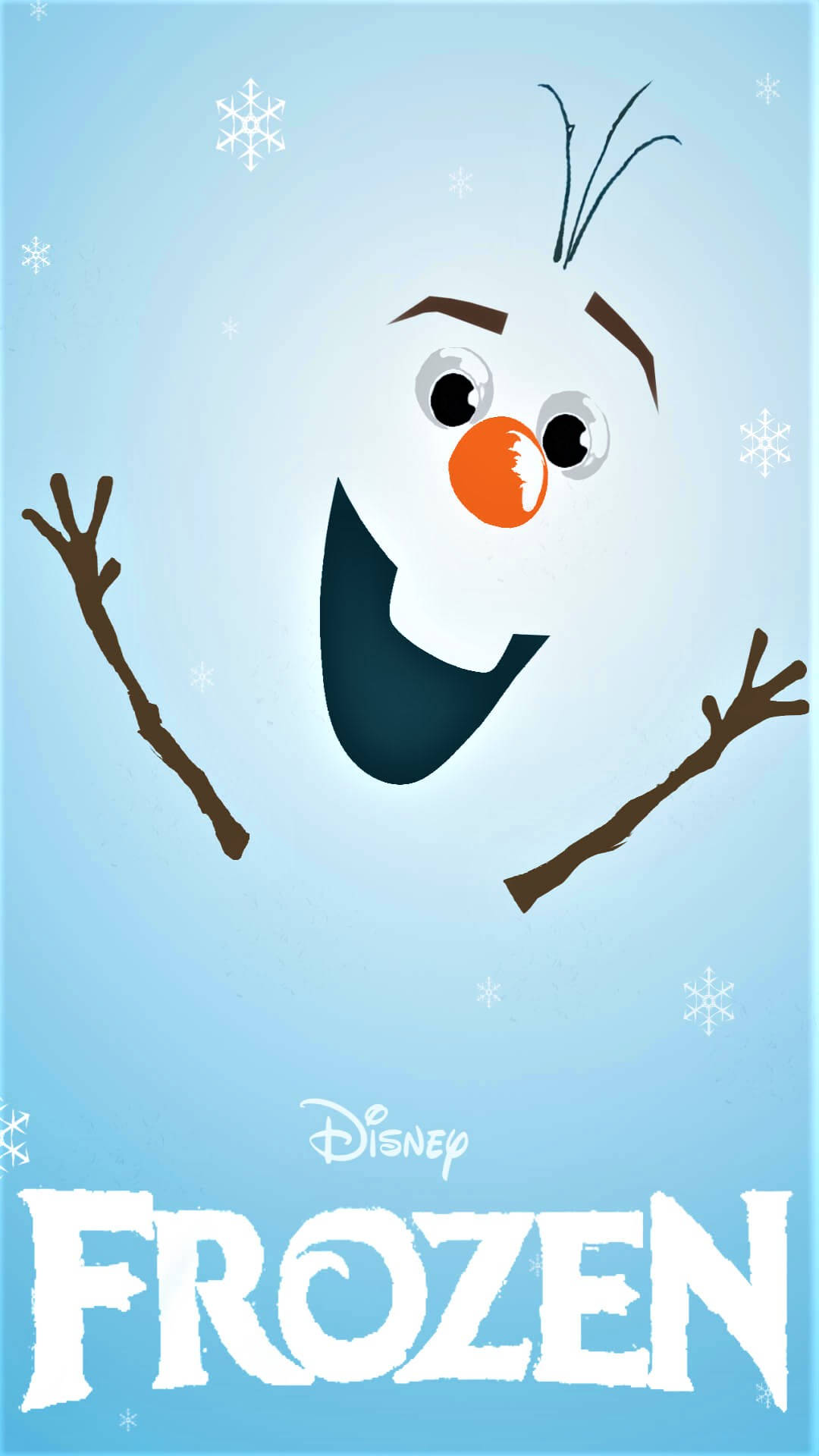 Olaf 桌布 壁紙 — 一個快樂的雪人，有樹枝手臂和胡蘿蔔鼻子，在淺藍色天空下微笑，雪花飄落。