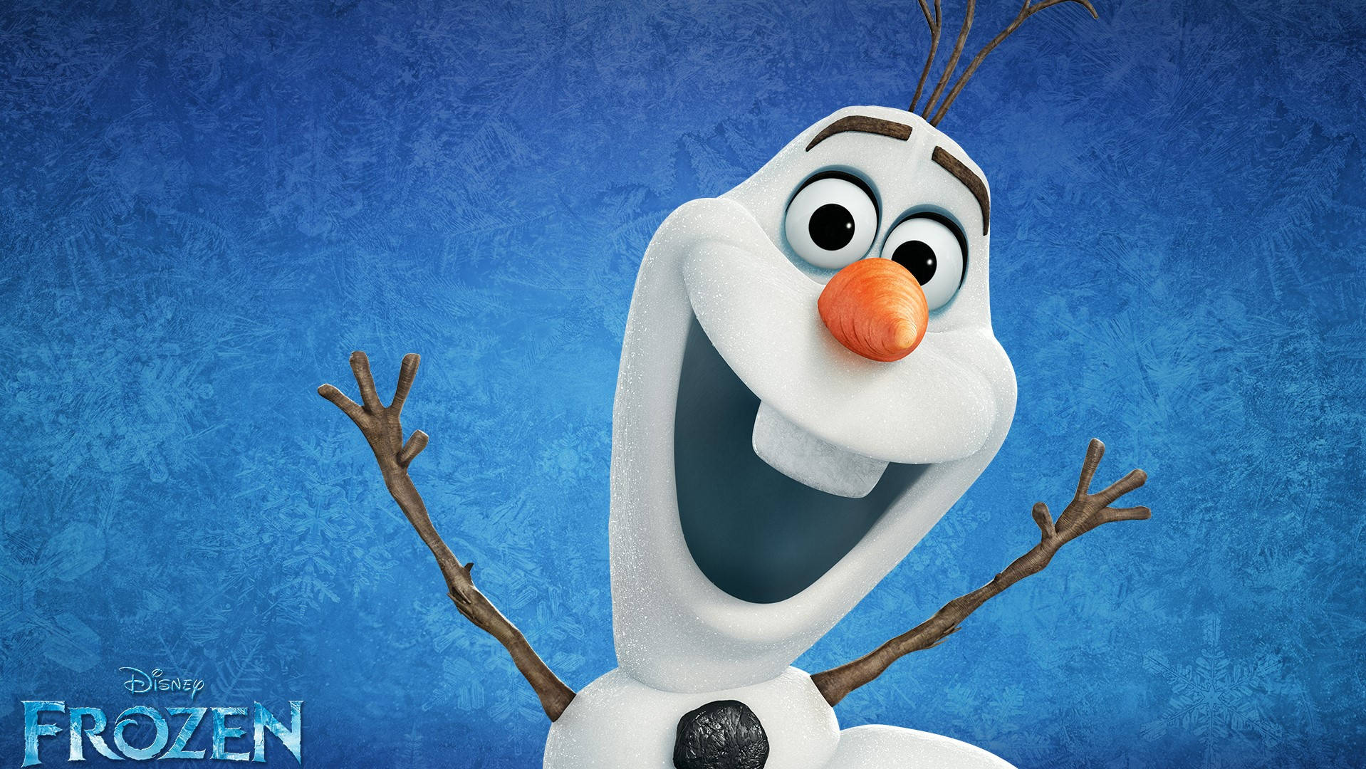 Olaf 桌布 壁紙 — 一個快樂的雪人，有樹枝手臂和胡蘿蔔鼻子，在紋理冰藍色背景上咧嘴大笑。