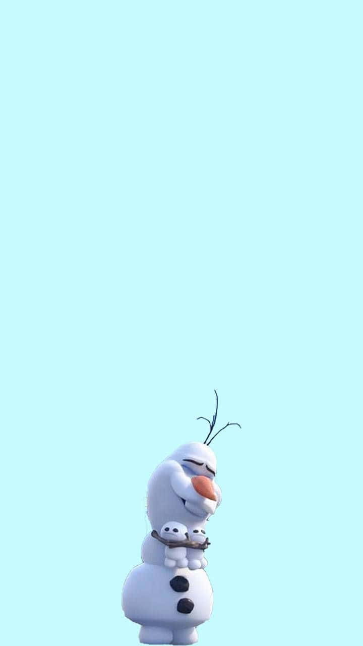 桌布 壁紙 — 一個快樂的雪人，有樹枝手臂和胡蘿蔔鼻子，在柔和的青色背景上拿著兩個小雪球。