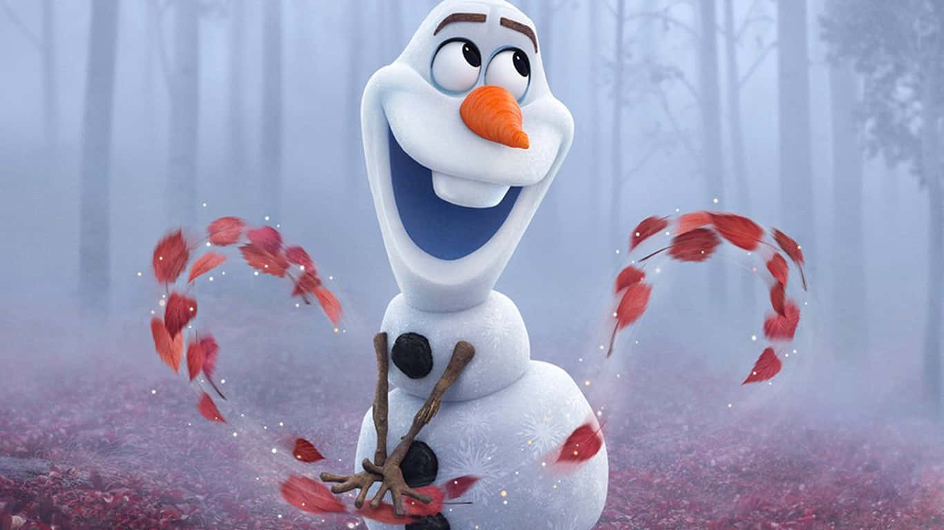 雪人奧拉夫在雪地森林中旋轉紅葉。 — 冰雪奇緣 GIF 壁紙
