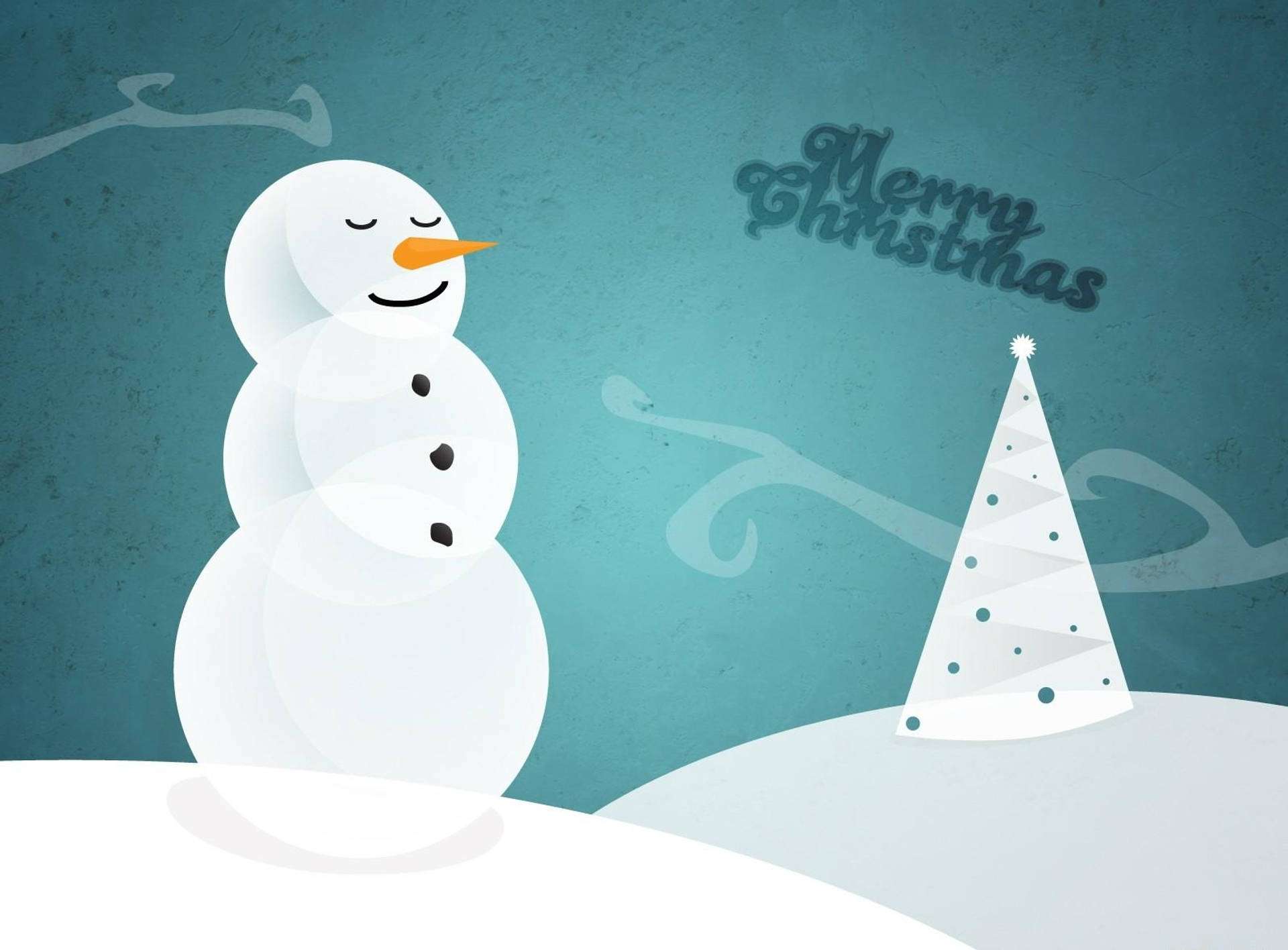 雪人和聖誕樹在雪白的冬日場景中，帶有節日文字。