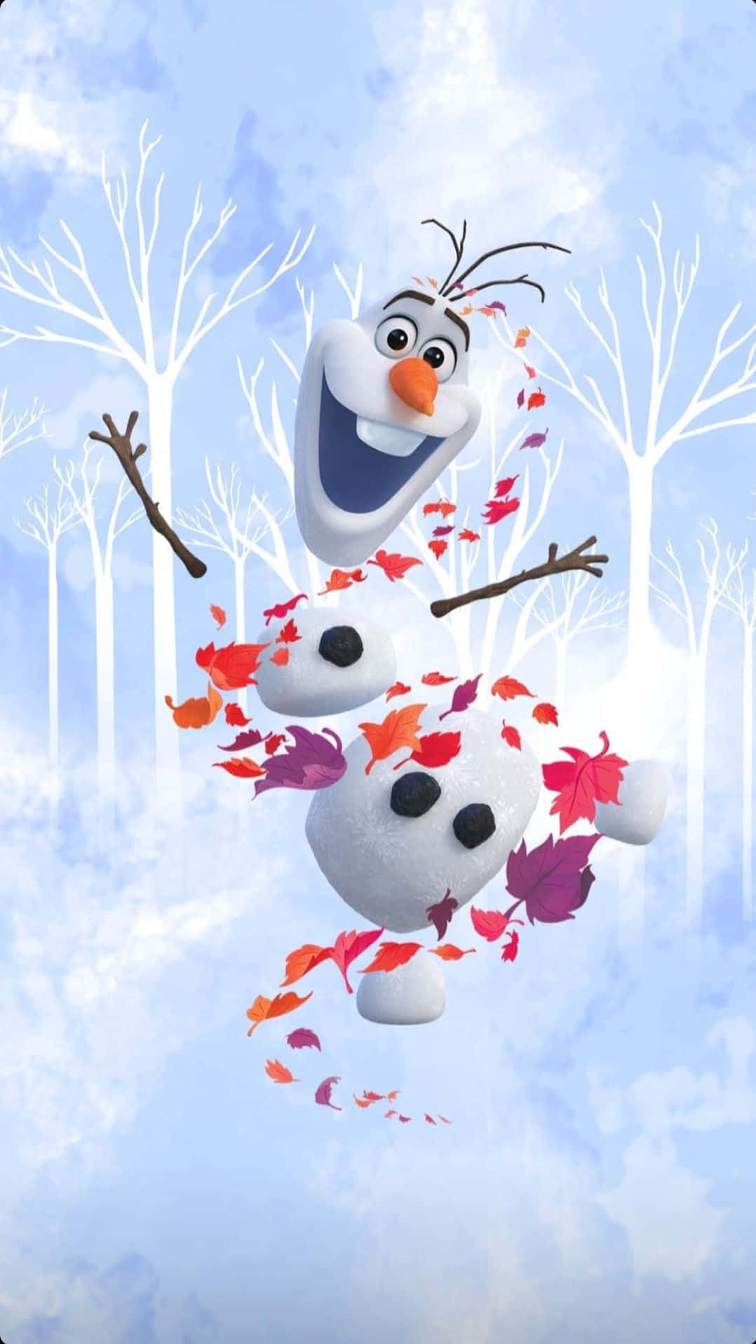 桌布 壁紙 — 一個快樂的雪人，樹枝手臂，在秋葉旋轉環繞下，對著淡藍色天空和光禿樹木大笑。