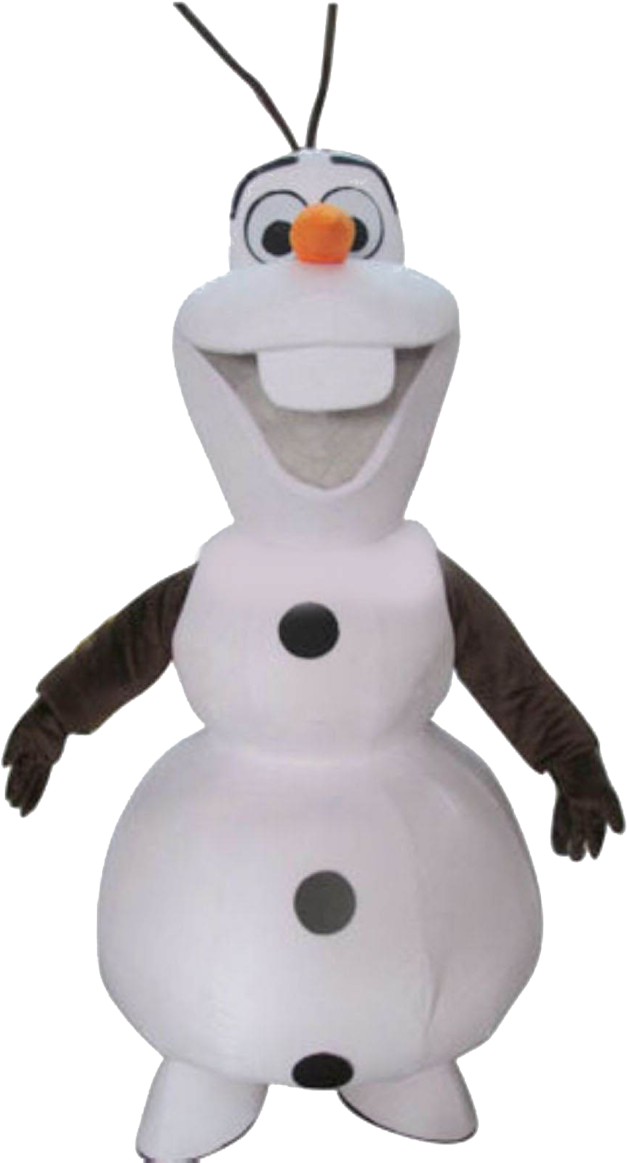 雪寶 桌布 壁紙 — 一個快樂的雪人吉祥物服裝，有胡蘿蔔鼻子、煤炭紐扣和樹枝手臂，背景為黑色。