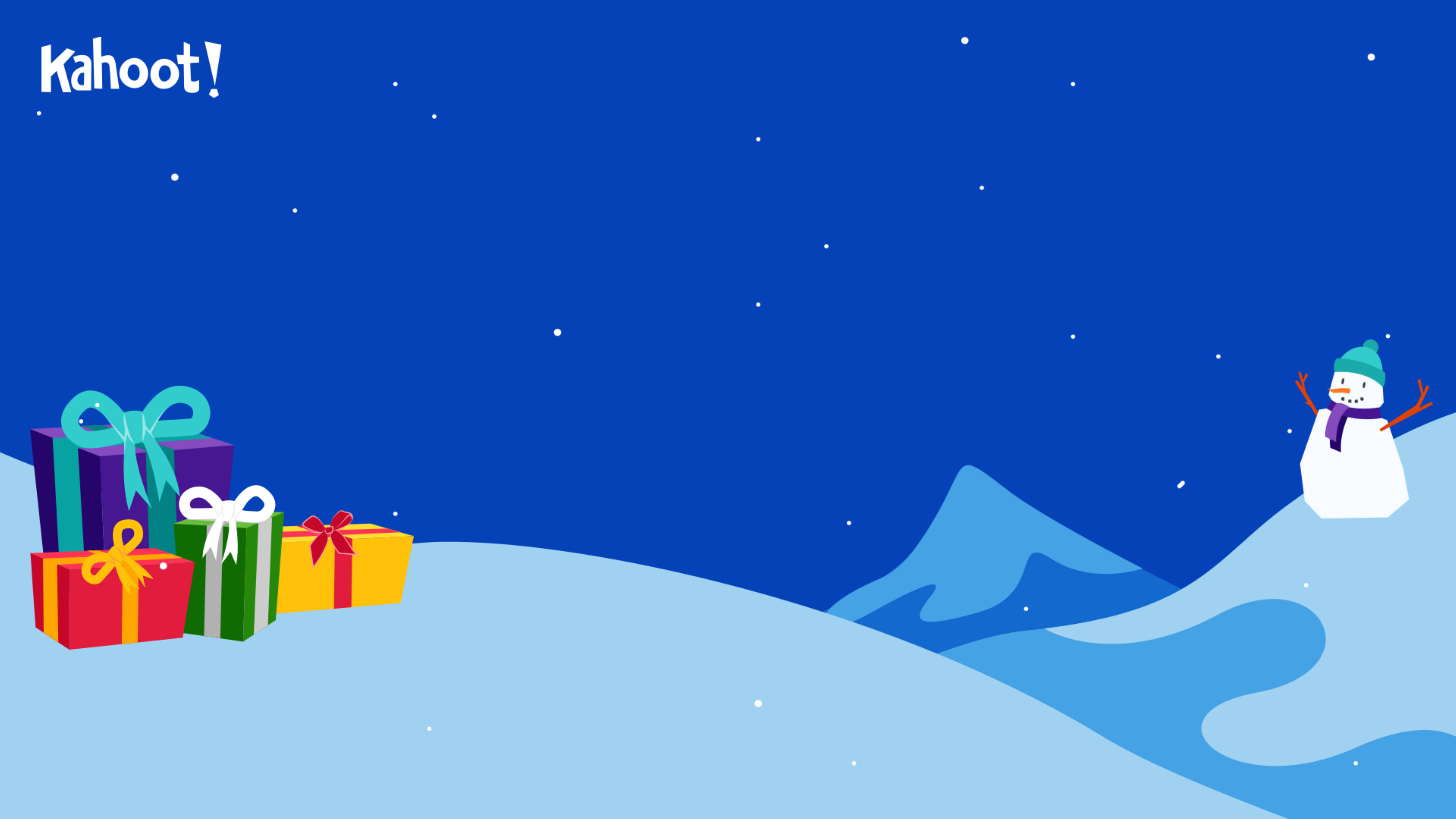 Kahoot 桌布 壁紙 — 一個快樂的雪人在星光燦爛的冬日天空下，在色彩繽紛的禮物盒旁邊揮手。