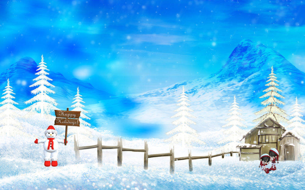 Scenes 桌布 壁紙 — 一個快樂的雪人在木籬笆附近舉著一個牌子，旁邊有間舒適的小屋和被雪覆蓋的松樹，背景是明亮的藍色冬日天空。