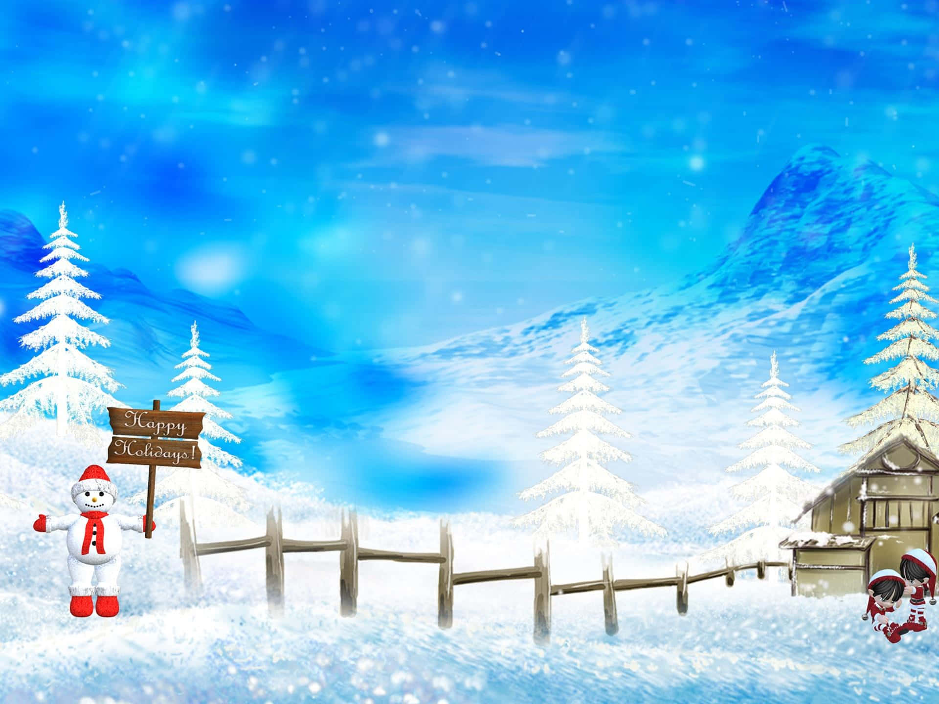 Snowy Christmas 桌布 壁紙 — 一個快樂的雪人在雪白的冬季景觀中，旁邊有木柵欄，雪覆蓋的松樹和山脈，在明亮的藍天下，舉著一個「節日快樂」的牌子。