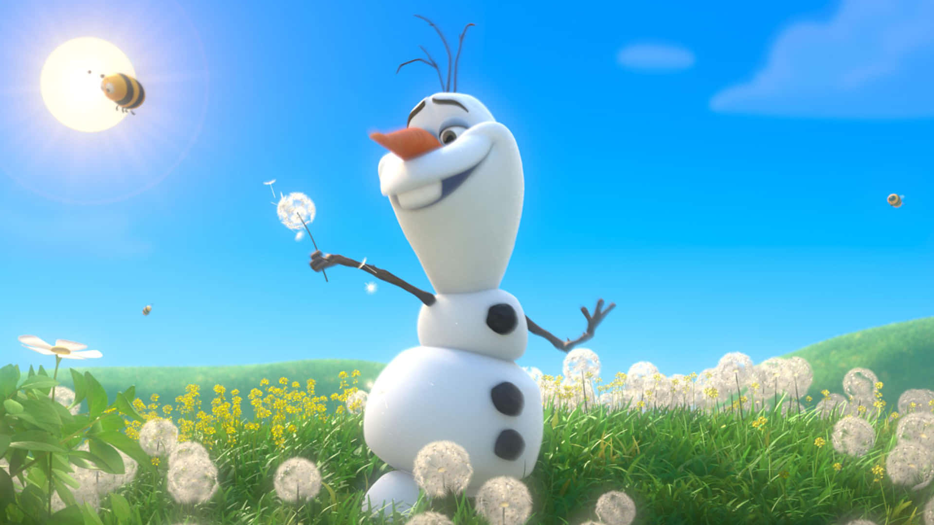 冰雪奇緣 桌布 壁紙 — 一個快樂的雪人奧拉夫站在陽光明媚的蒲公英和野花田裡，在明亮的藍天下，蜜蜂在周圍嗡嗡作響。
