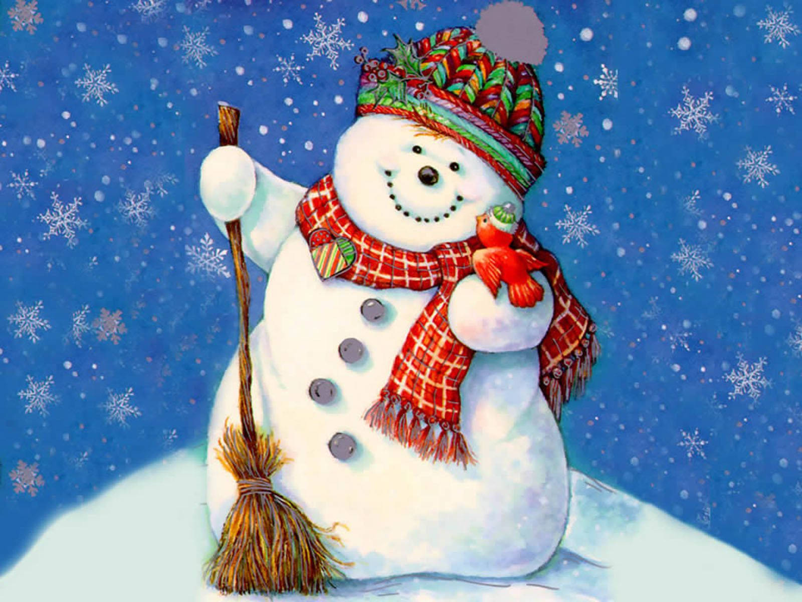 雪人 桌布 壁紙 — 一個快樂的雪人戴著彩色帽子和紅色圍巾，在飄雪的藍色天空下拿著掃帚和一隻紅雀。