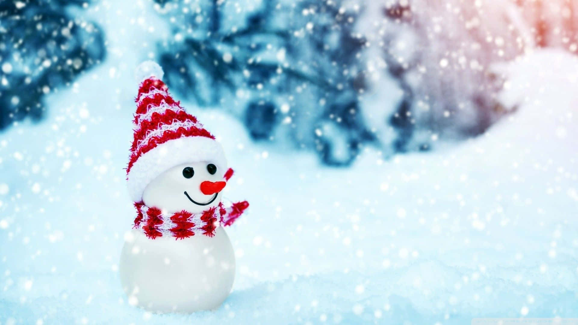 一個微笑的雪人，戴著紅白帽子和圍巾，在雪白的冬日裡。 — 雪人 壁紙