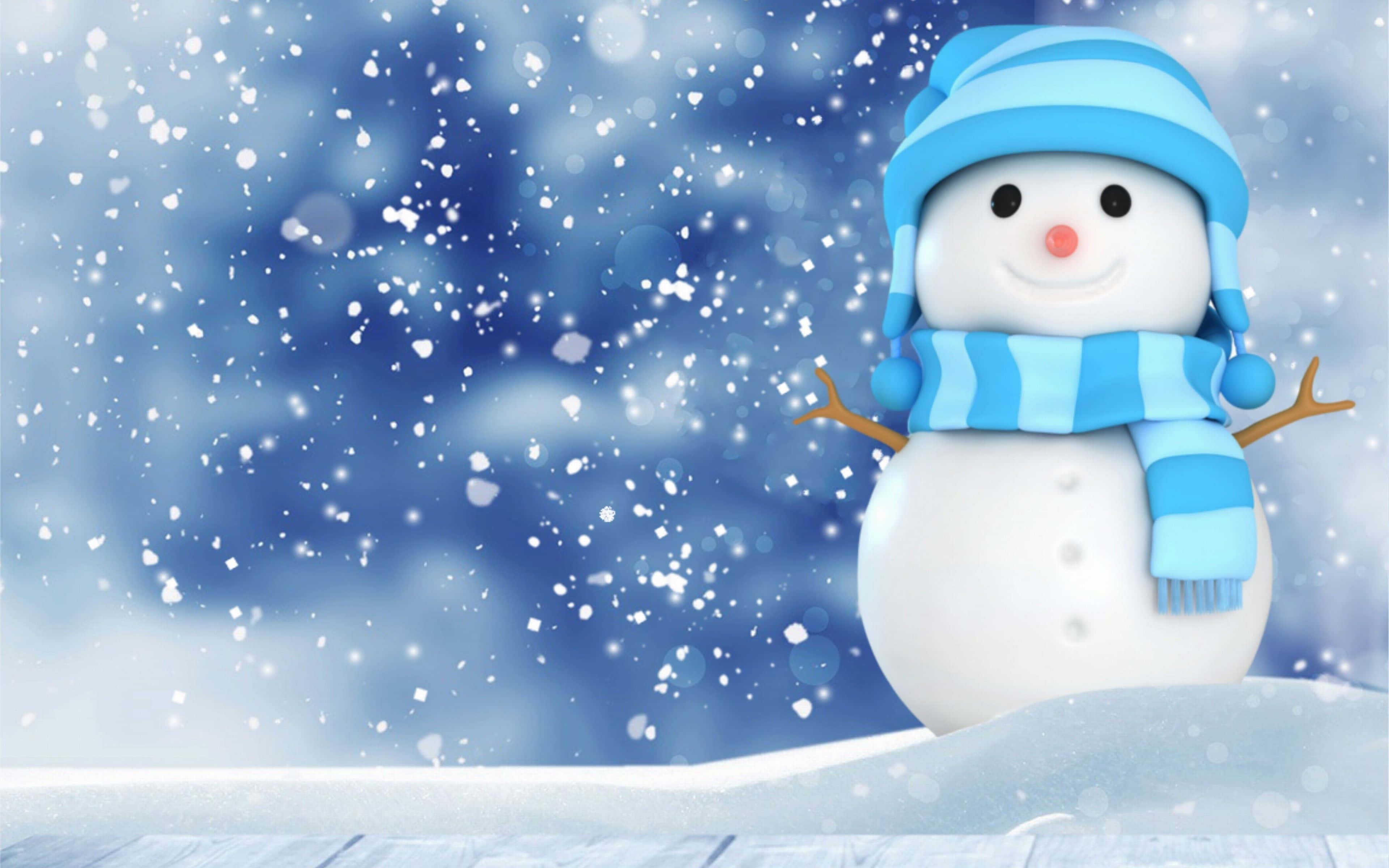 雪人 桌布 壁紙 — 一個快樂的雪人戴著藍色帽子和圍巾，站在飄雪中，背景是冬日藍色。