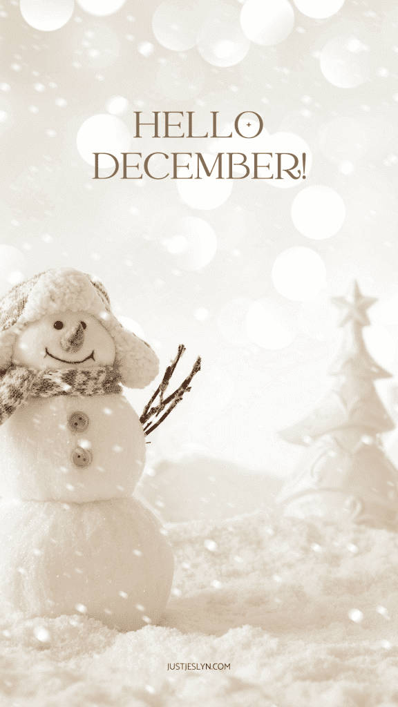 雪人與「Hello December」文字及積雪樹木背景。