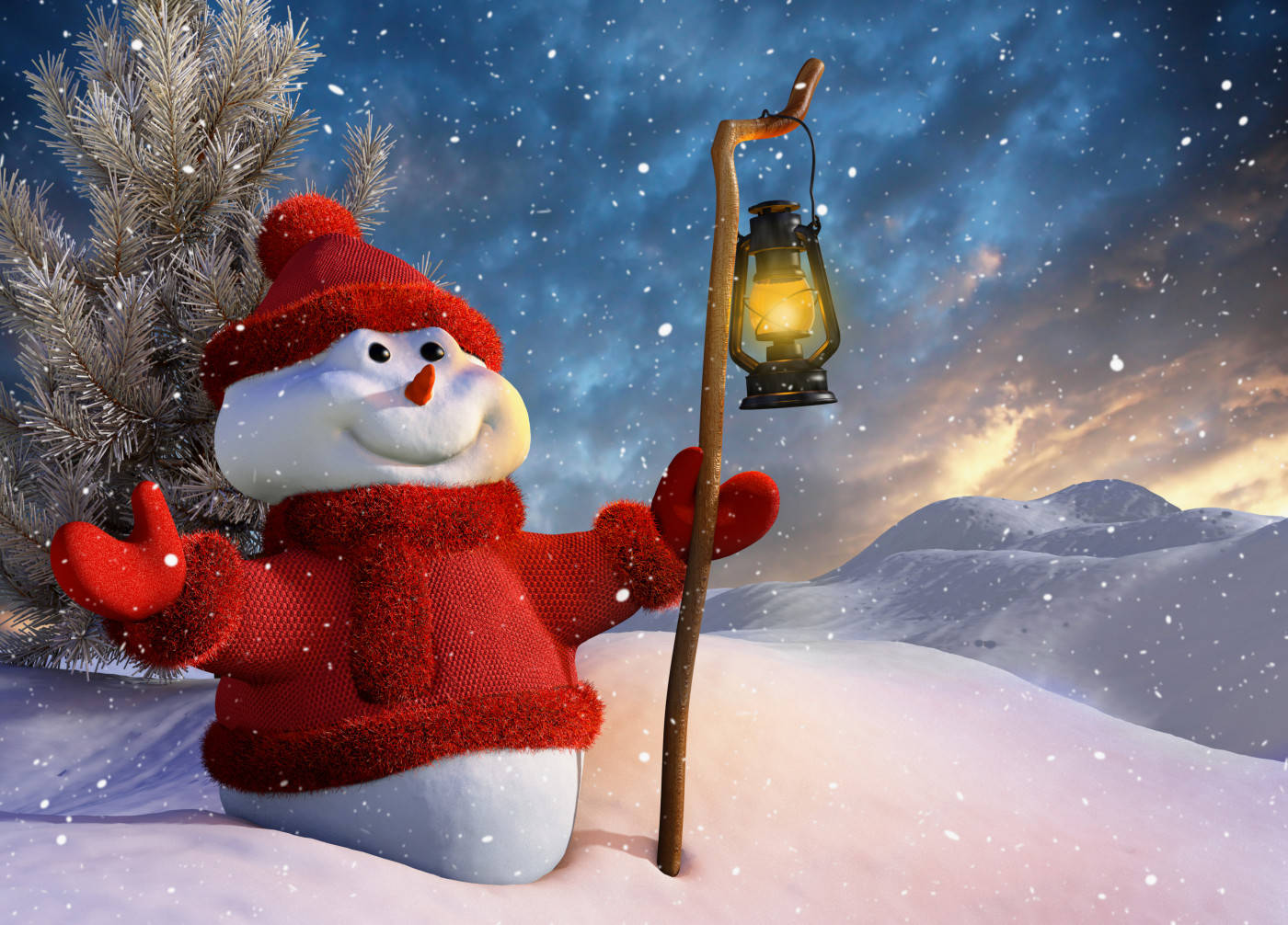 Cute Snowman 桌布 壁紙 — 一個快樂的雪人穿著紅色針織裝備，在繁星點點的暮色天空下，手持發光的燈籠，背景是白雪皚皚的山脈。