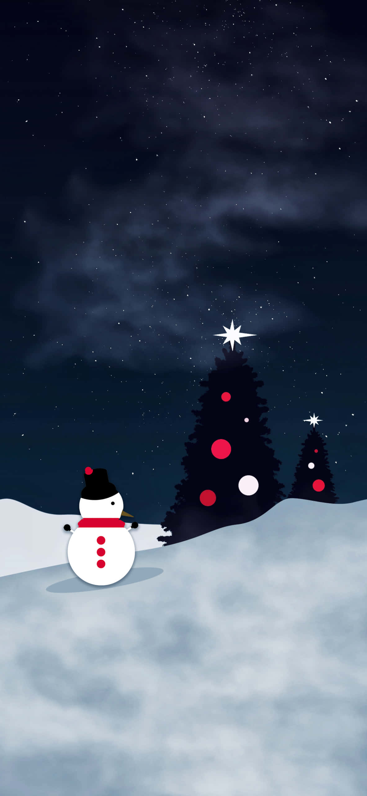 紅色聖誕 桌布 壁紙 — 一個快樂的雪人站在雪地冬季風景中，在繁星點點的夜空下，旁邊是裝飾過的松樹。