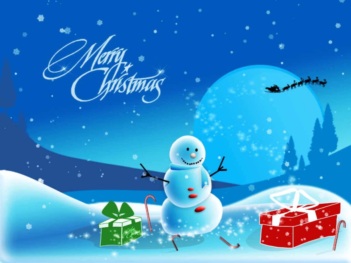 聖誕快樂 桌布 壁紙 — 一個快樂的雪人站在雪白的冬日場景中，藍月下聖誕老人的雪橇飛過，附近有禮物。