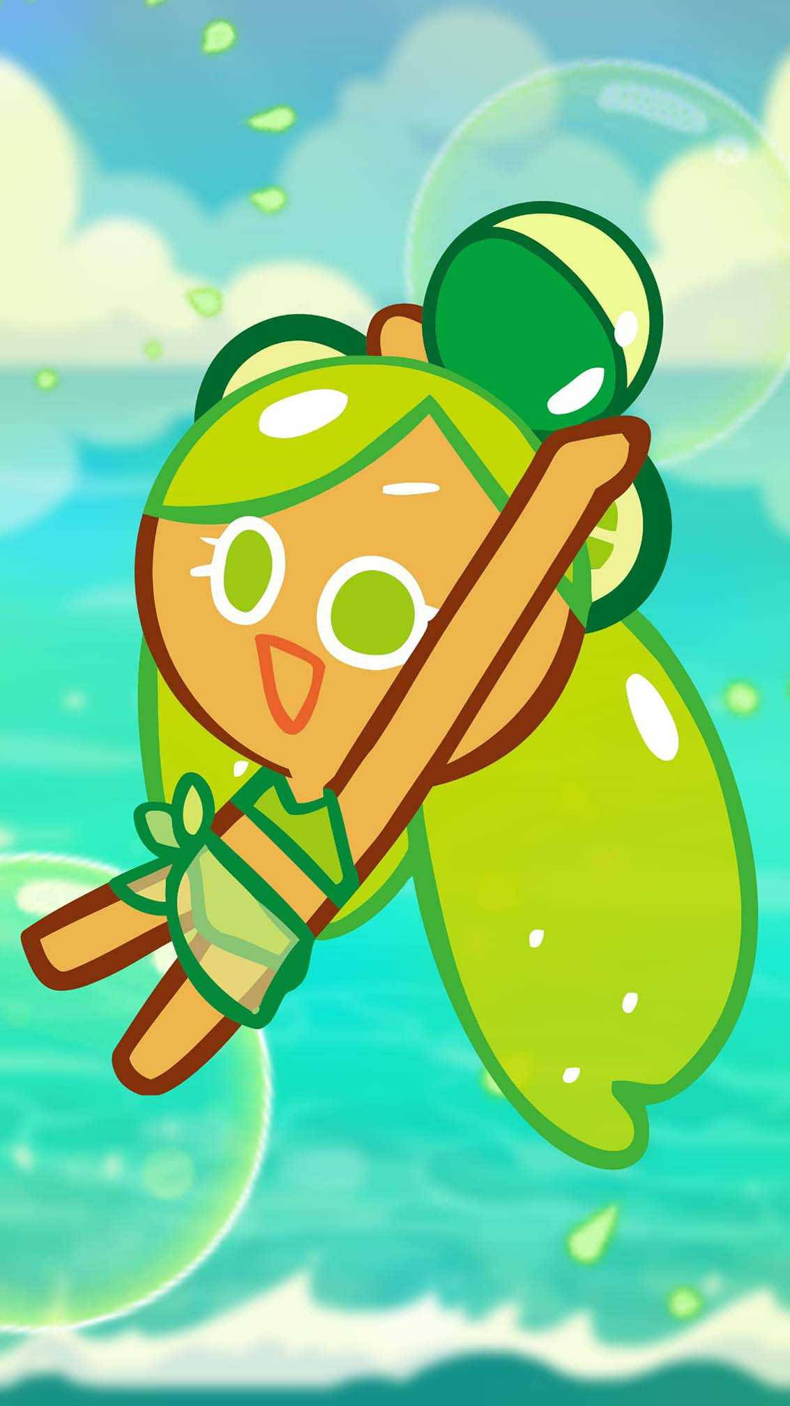 Cookie Run 桌布 壁紙 — 一個快樂的青檸綠色餅乾角色長有翅膀，愉快地飛過一個充滿氣泡、點綴著柔軟雲朵的綠松石色天空。
