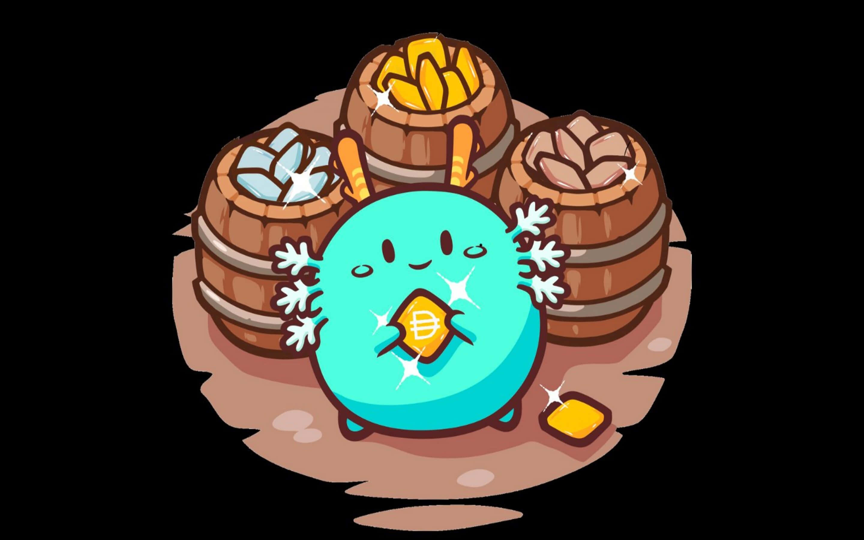 Axie Infinity 桌布 壁紙 — 一個快樂的青綠色卡通角色，帶有雪花手，手持一枚閃閃發光的金幣，周圍有三個寶藏桶。
