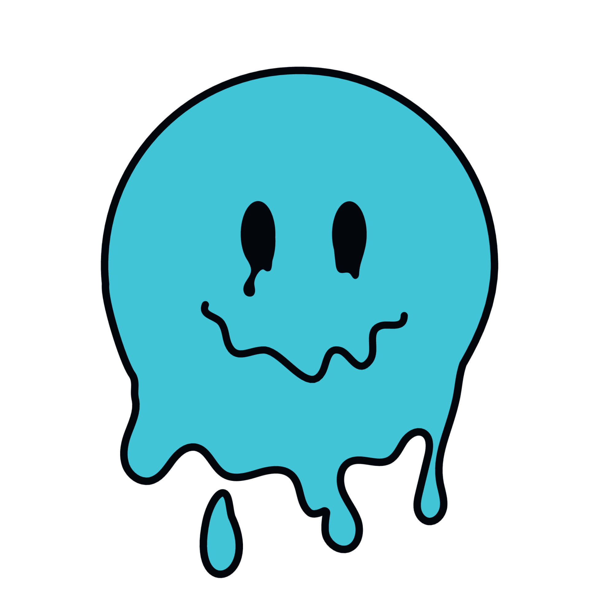 Aesthetic Trippy Smiley Face 桌布 壁紙 — 一個快樂的青色融化鬼魂，帶有波浪般的微笑和滴落，背景為白色。